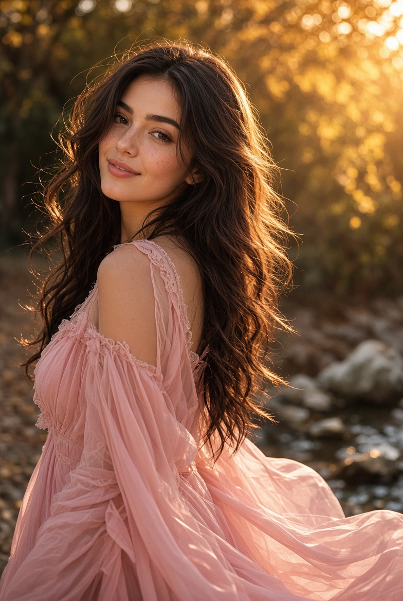 Woman in dusty pink gown smiles gently in golden sunset light