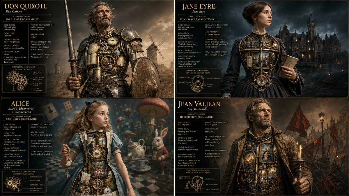 Four literary heroes displayed as luxury mechanical sculptures in grid
