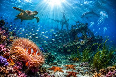 Sunbeams illuminate a vibrant coral reef teeming with colorful fish
