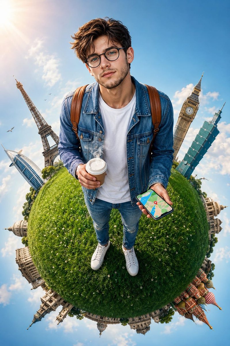 A cheerful traveler stands on a tiny planet surrounded by global landmarks