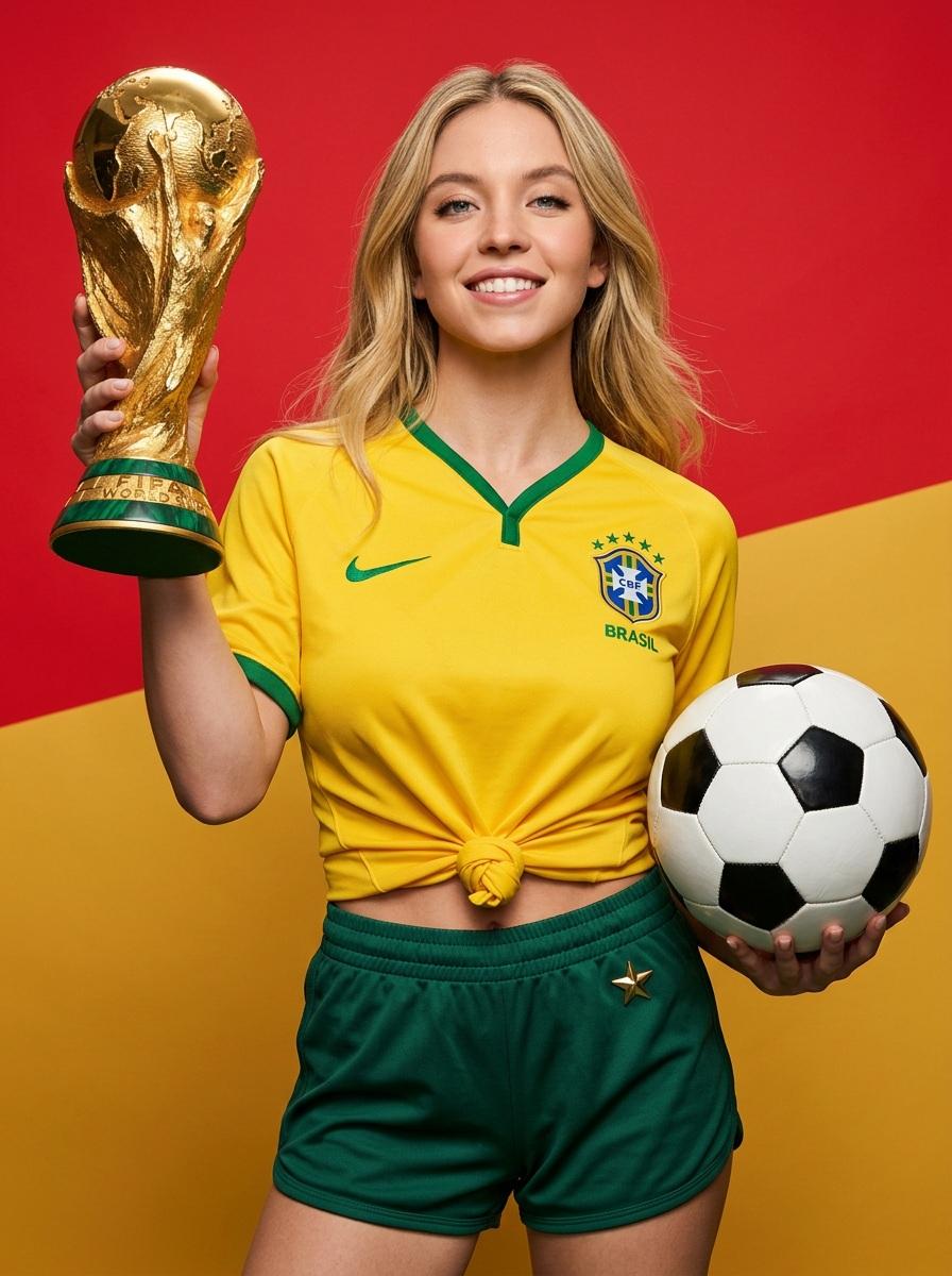 Brazilian soccer star hoists World Cup trophy in vivid studio portrait