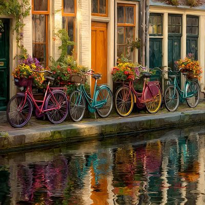 Bicycles by the Canal in Golden Light