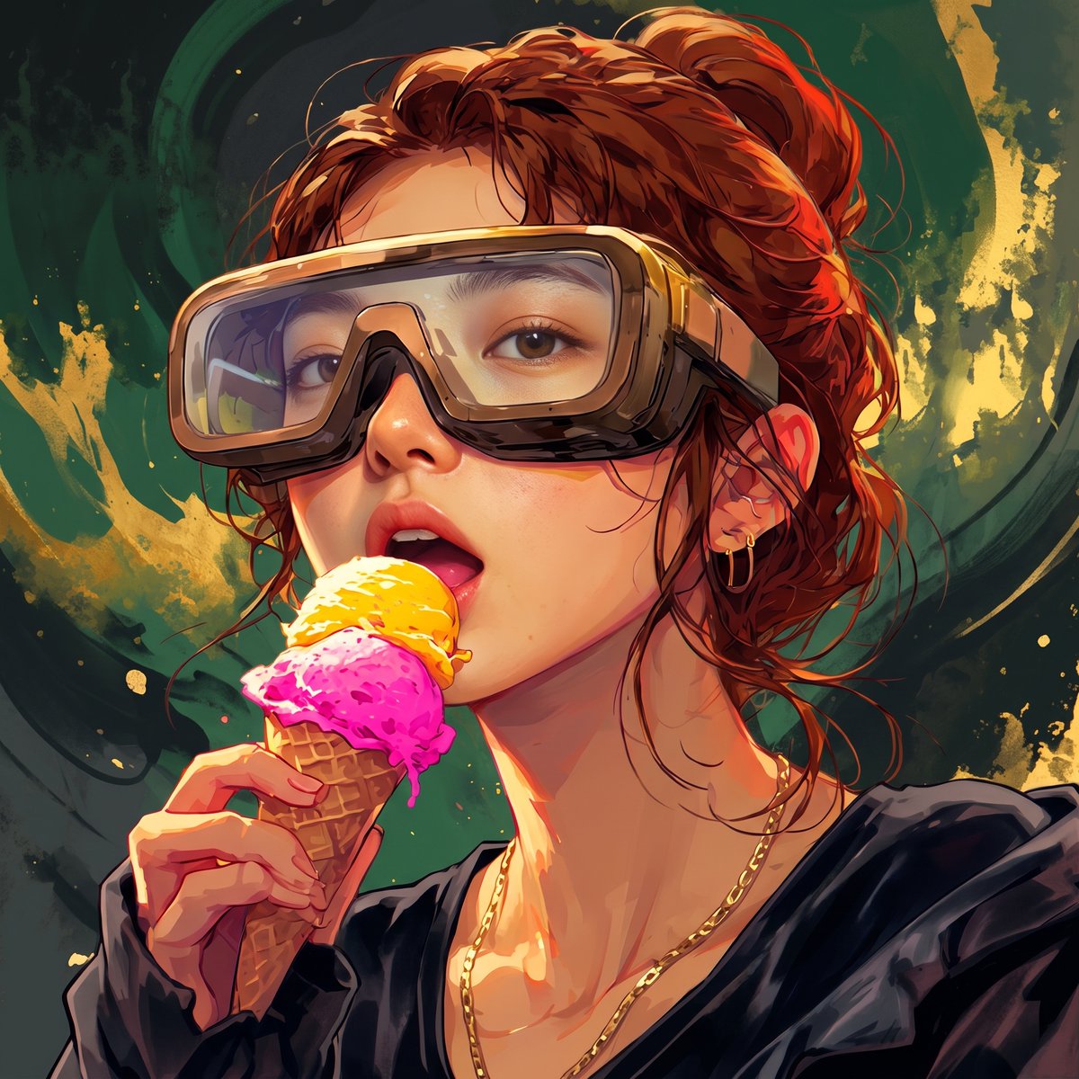 Copper-Haired Woman in Goggles Relishes Colorful Ice Cream with Wild Joy