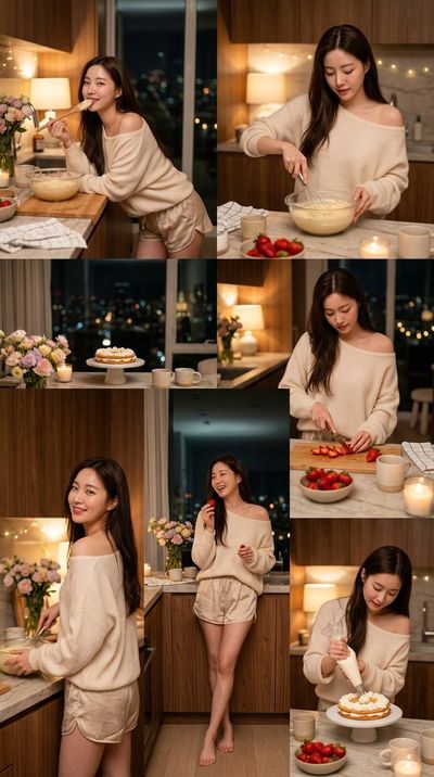 A Korean girl in a cozy kitchen mixes cake batter by candlelight.