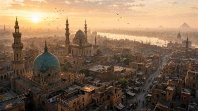 Golden Dawn Over 1920s Cairo: A Cinematic Aerial View