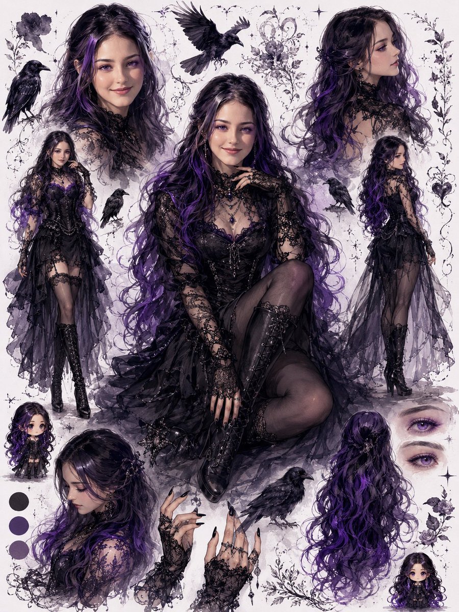 Elegant gothic fantasy character sheet with raven-haired woman in multiple poses