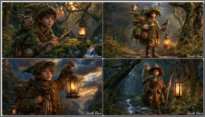Young Lantern Keeper Boy Stands In Enchanted Forest Glow