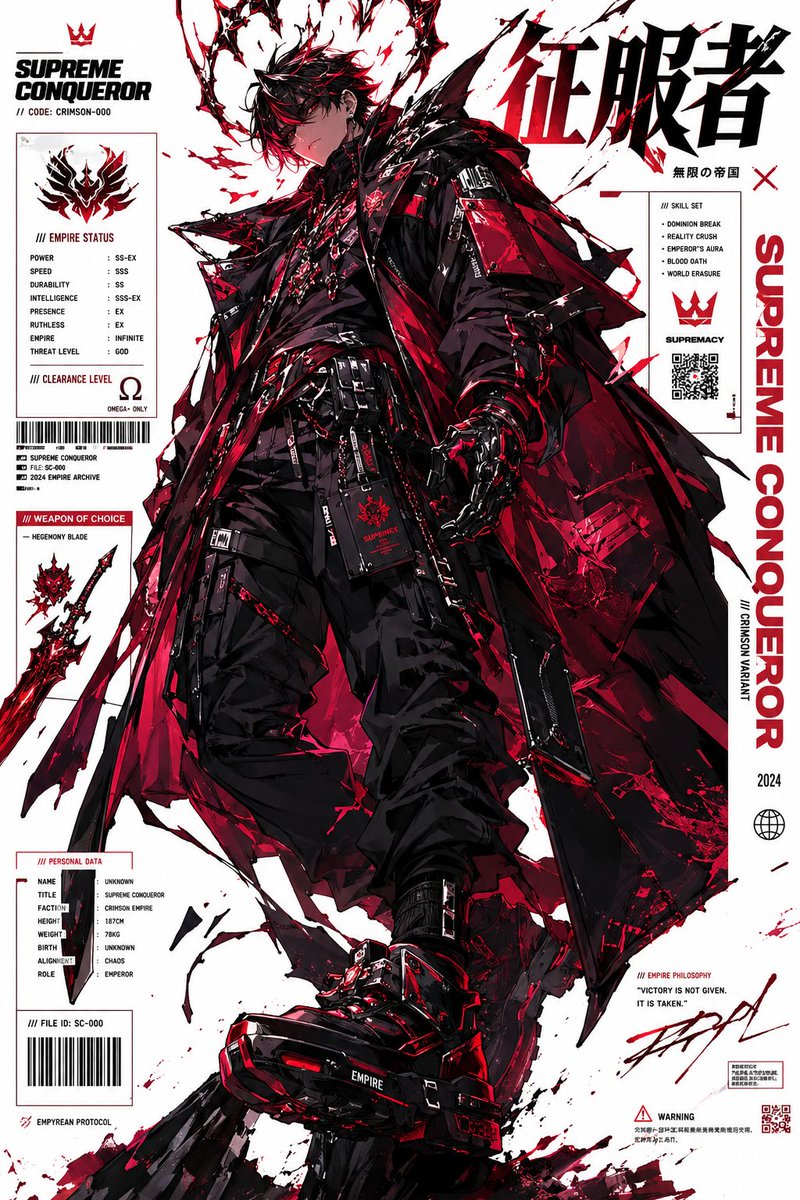Supreme conqueror in crimson tactical coat commands urban battlefield