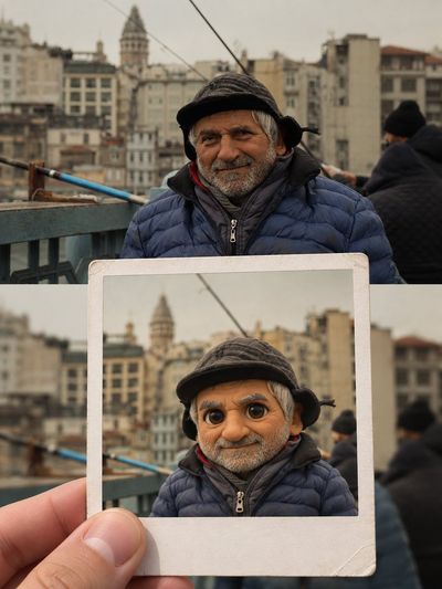 Hand Holds Thick Polaroid with Chibi Miniature Scene Inside