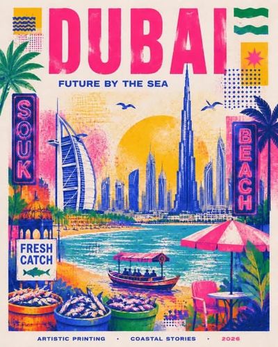 Dubai's coastline glows in a risographic poster with neon signs