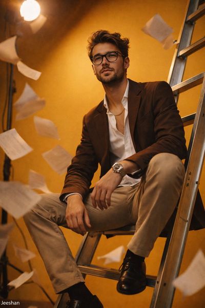 Dynamic Studio Portrait on Metallic Ladder