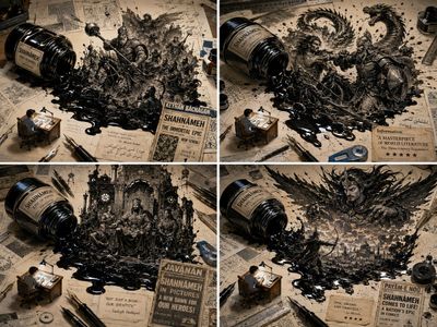 Ink spills into heroic Persian scenes on a studio desk