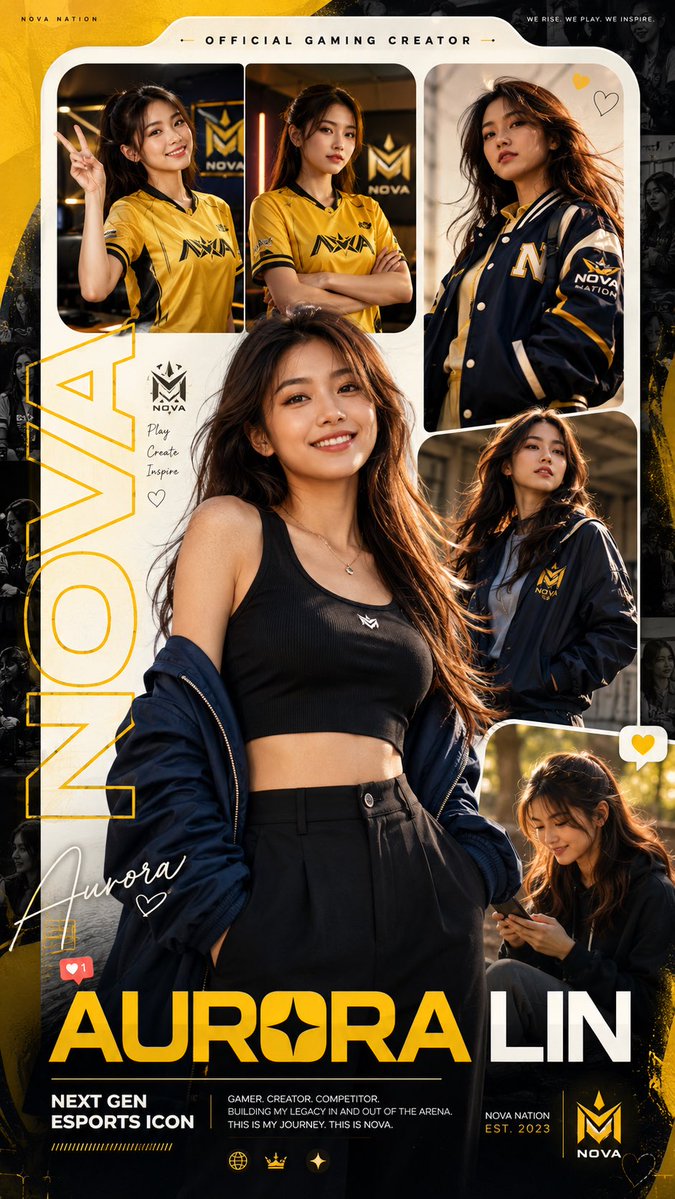 A confident female esports star poses in a sunflower yellow poster