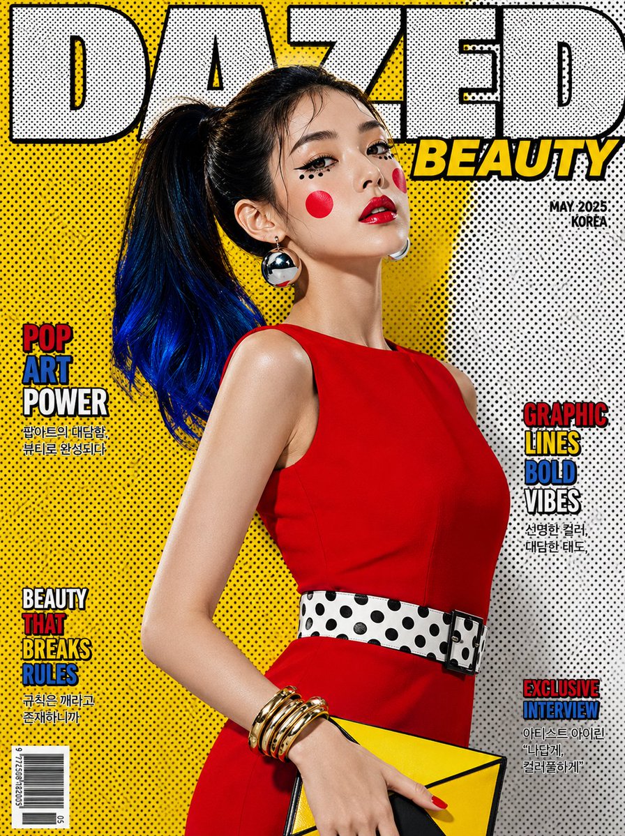 Korean woman poses in red dress with blue-tipped ponytail