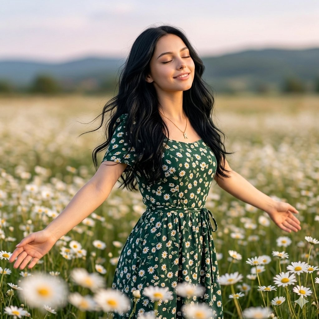 A woman in a green dress smiles peacefully in a sunny daisy field
