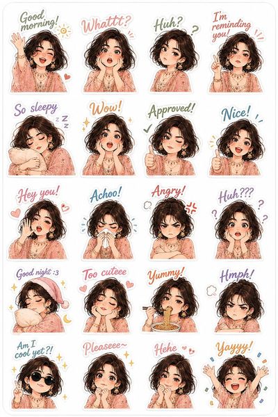 Desi elegance meets kawaii reactions in pastel sticker sheet