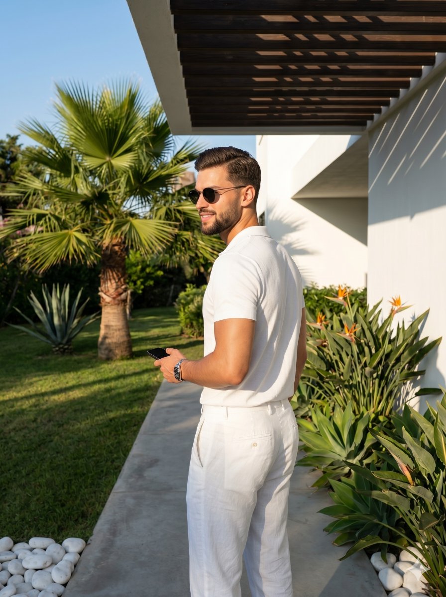 Young man in white turns to smile in tropical garden