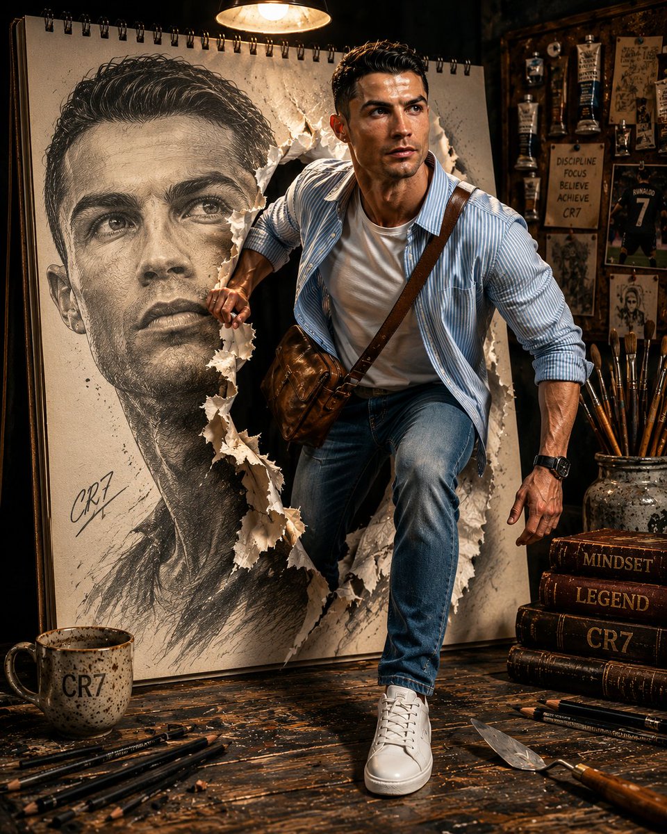 A man steps from a sketch through torn paper into reality