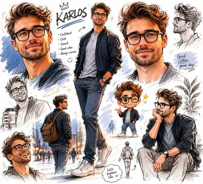 Your Name character sketches fill a bright white page with playful humor