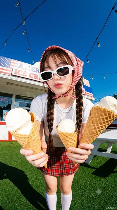 A woman in Y2K style holds four ice creams under bright sun
