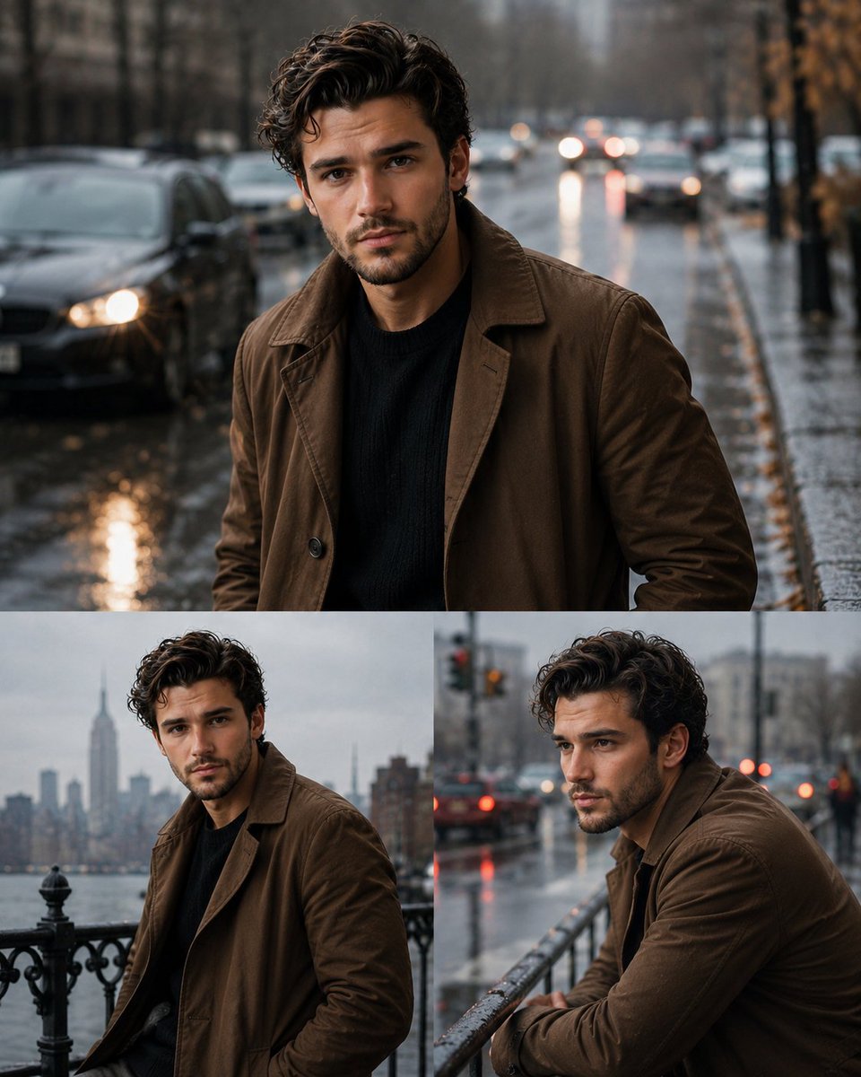 A mysterious man in a brown jacket poses across three rainy city panels