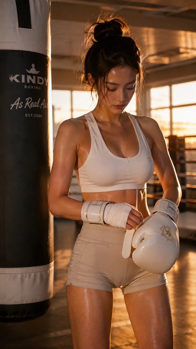 A luxury boxing girl carries gloves with a soft natural smile
