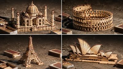 Matchstick Big Ben glows under a harsh hobbyist lamp