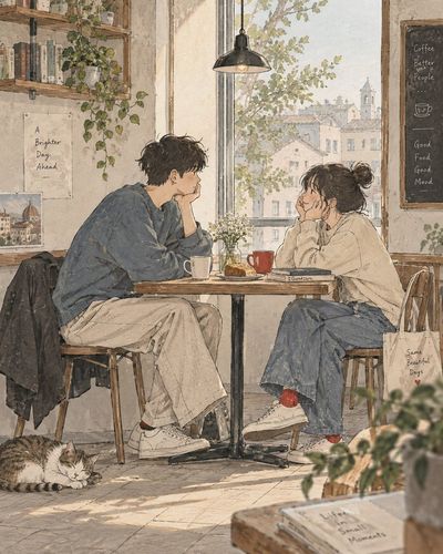 Quiet Morning Coffee Sketch Captures Two Friends in Warm Sunlight