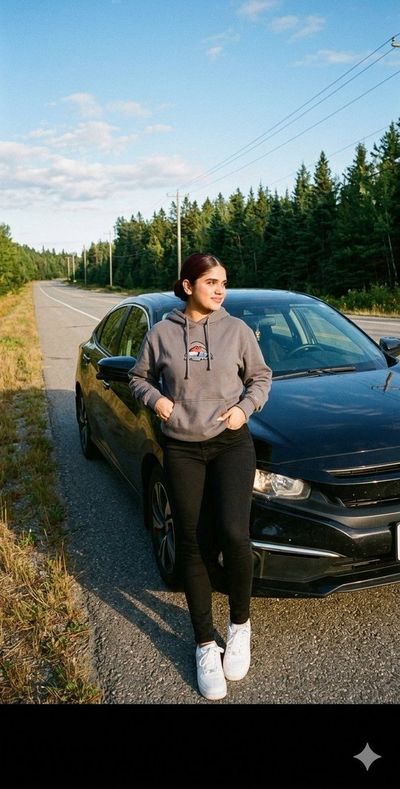 Young woman leans against her car on a quiet country road