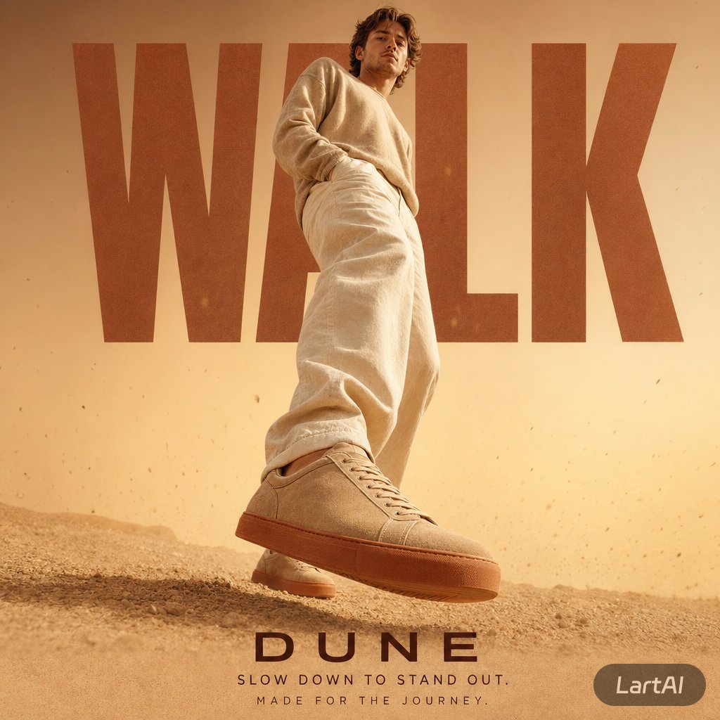 A man in cream linen strides forward on sandy ground
