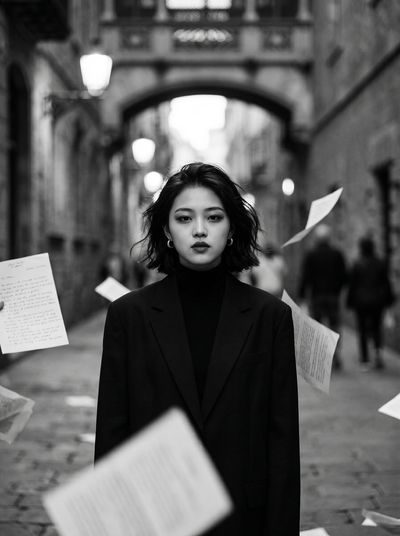 Woman in black stands still as letters rain in alley
