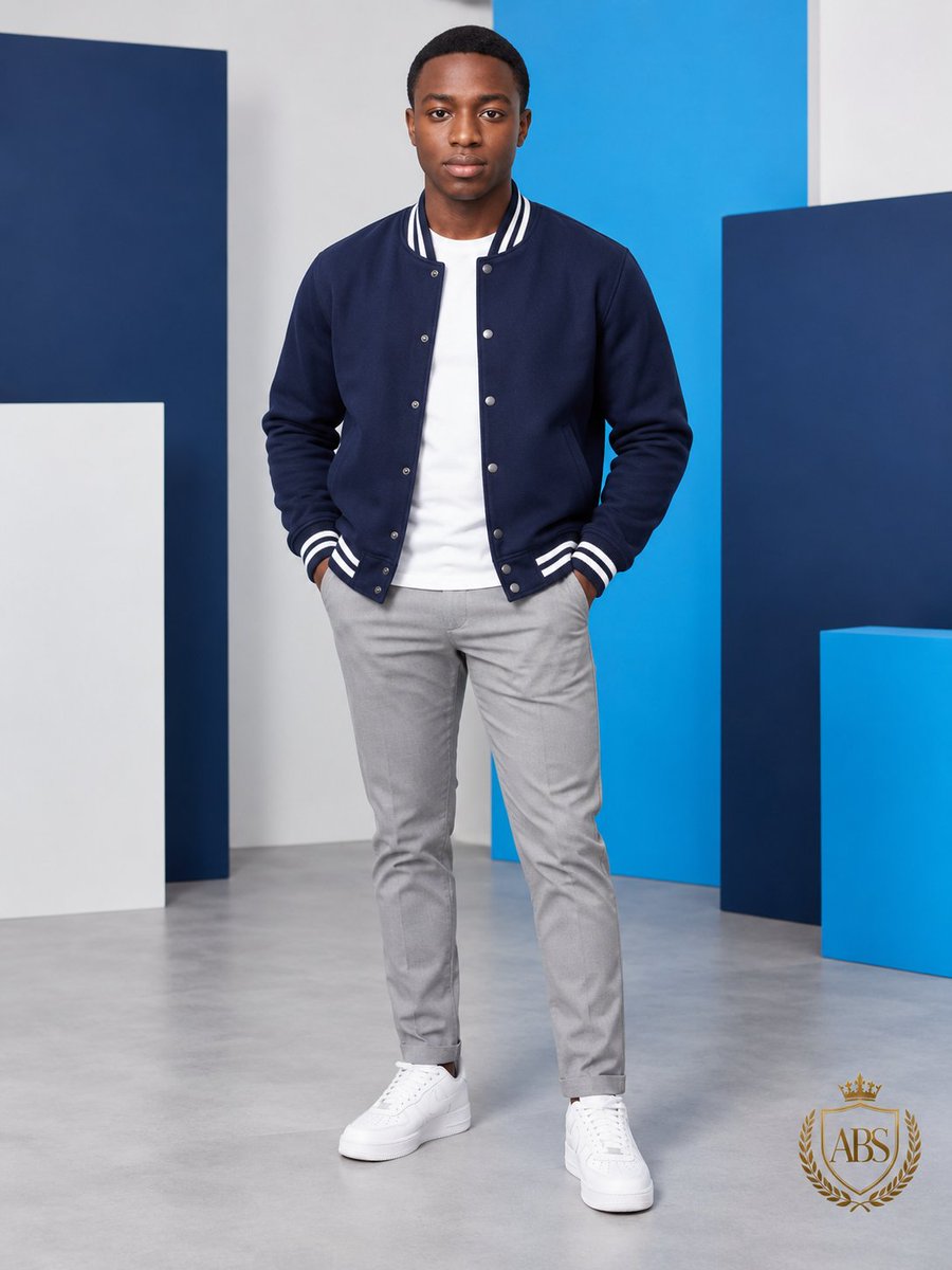 Confident Man in Navy Varsity Jacket Stands in Geometric Studio