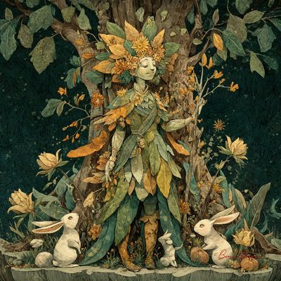 A leaf-clad fairy glows before an ancient tree with bunnies