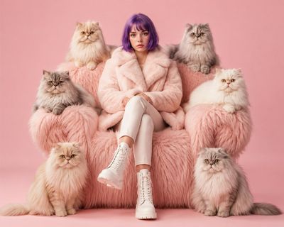 A confident woman in pastel pink poses with six Persian cats