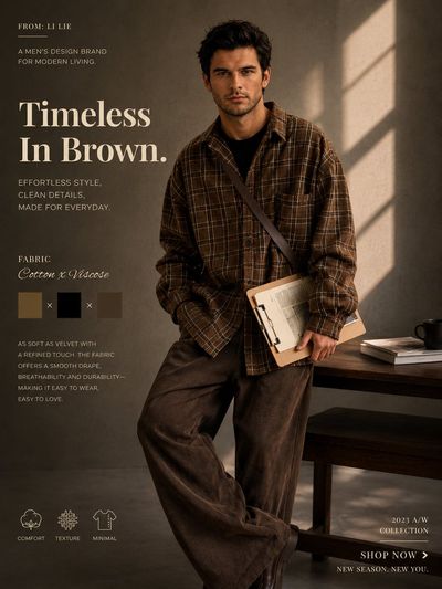 A model in brown plaid leans against a wooden table.