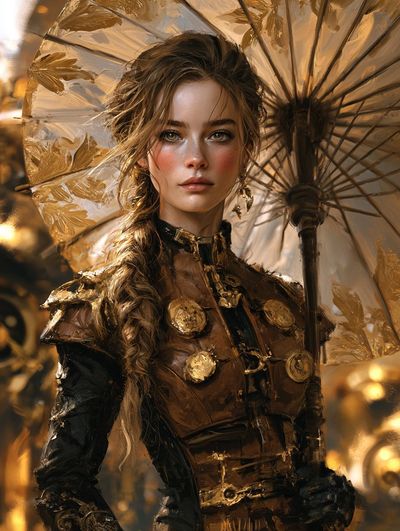 Steampunk woman holds gold-patterned umbrella in soft golden blur