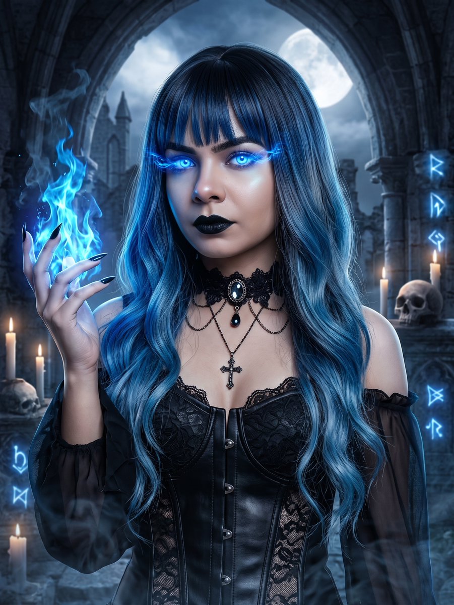 Gothic Witch Sorceress Conjures Blue Flame Under Full Moon