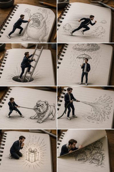 Tiny man fights sketched monster on notebook page in miniature world