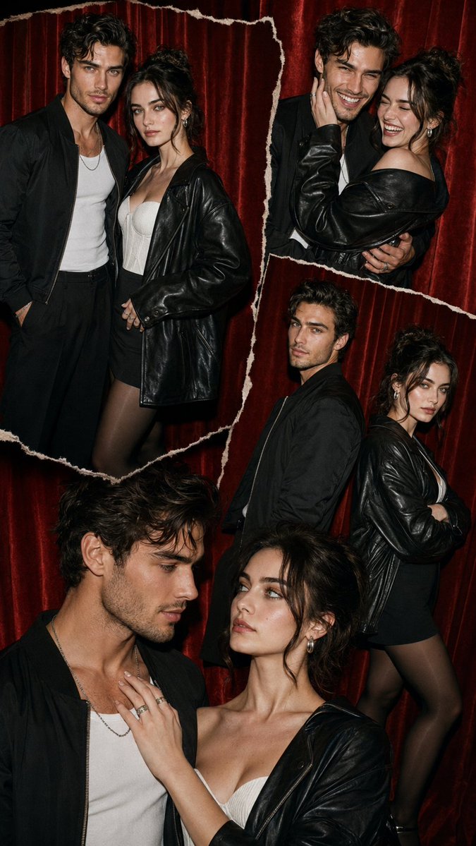 Couple repeats intimate poses in red curtain photobooth collage