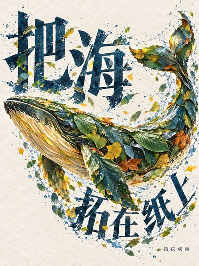 Whale swims left as tree bark textures shape its form