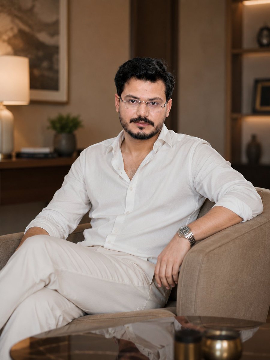 A confident man in a white shirt stands in a luxurious living room.