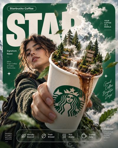 Surreal Starbucks Poster Featuring a Miniature Forest Inside a Coffee Cup