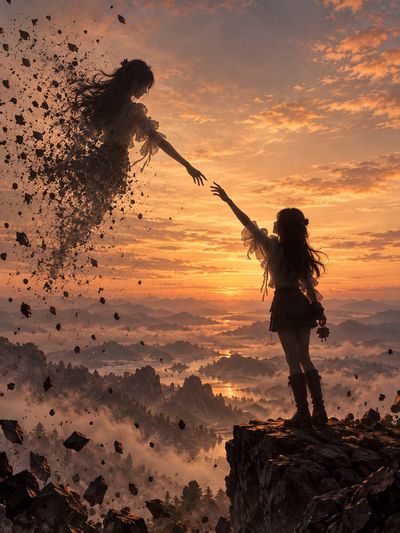 Two Silhouettes Reach Toward Each Other on a Cliff at Dusk