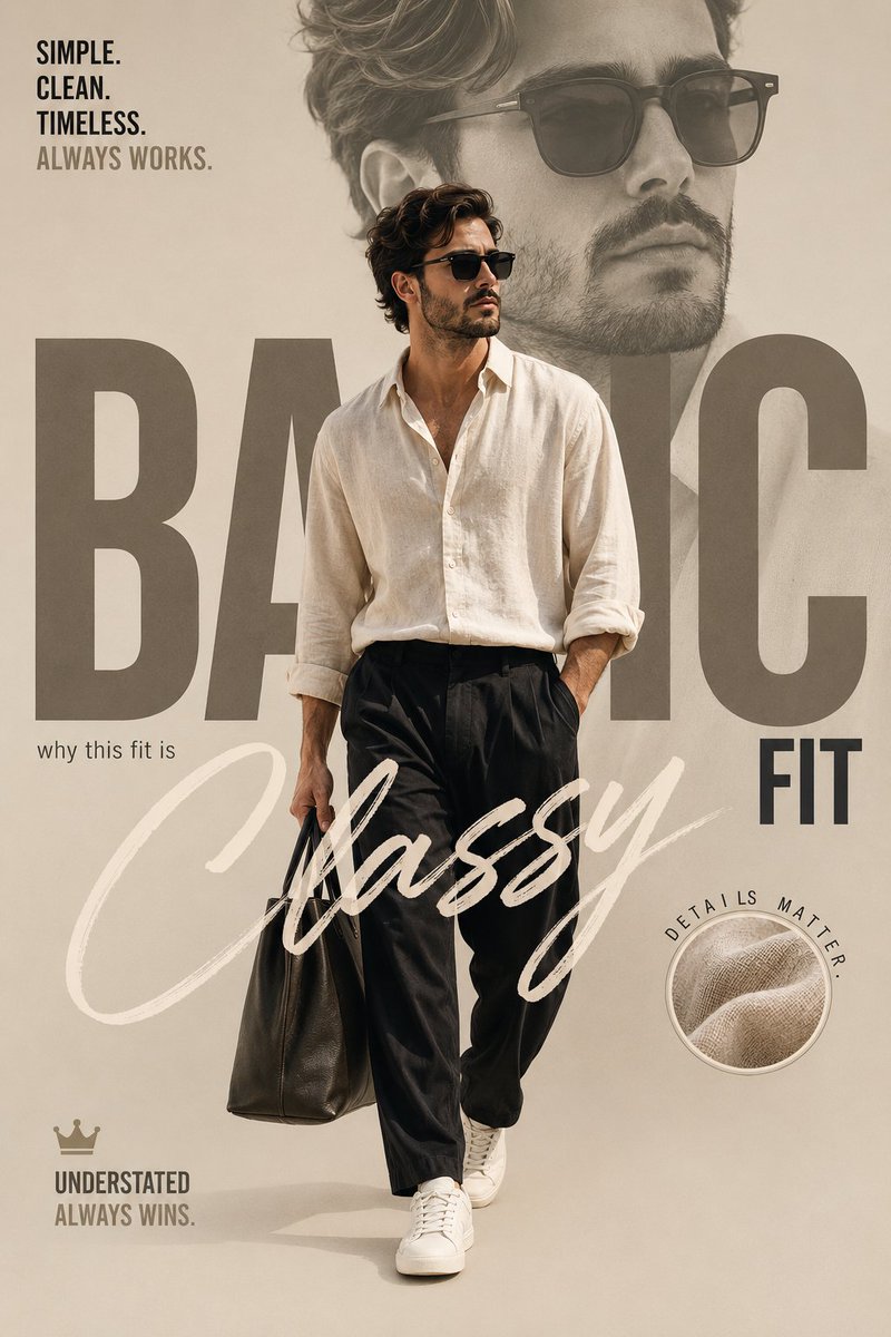 A confident man in cream linen walks through minimalist beige tones.