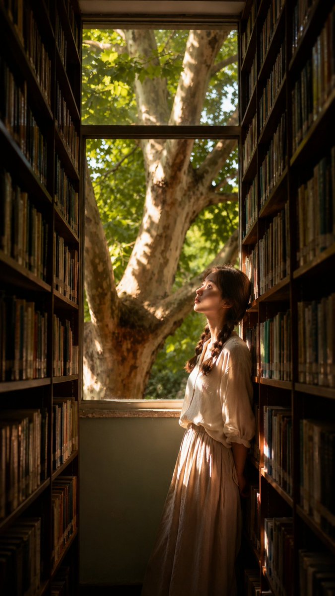 A woman stands in profile by a sunlit library window
