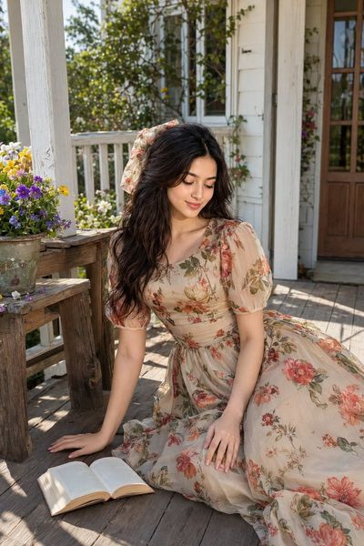 Woman in floral dress reads on sunlit wooden porch in spring