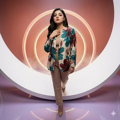 Model stands on curved platform surrounded by peach-lit rings