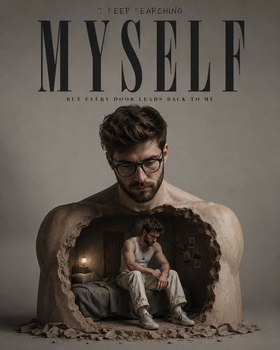 A man sits inside his own hollow chest sculpture in a gray studio