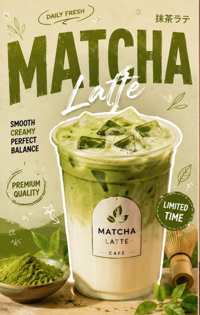 Matcha Latte poster with green gradients and minimalist Japanese style