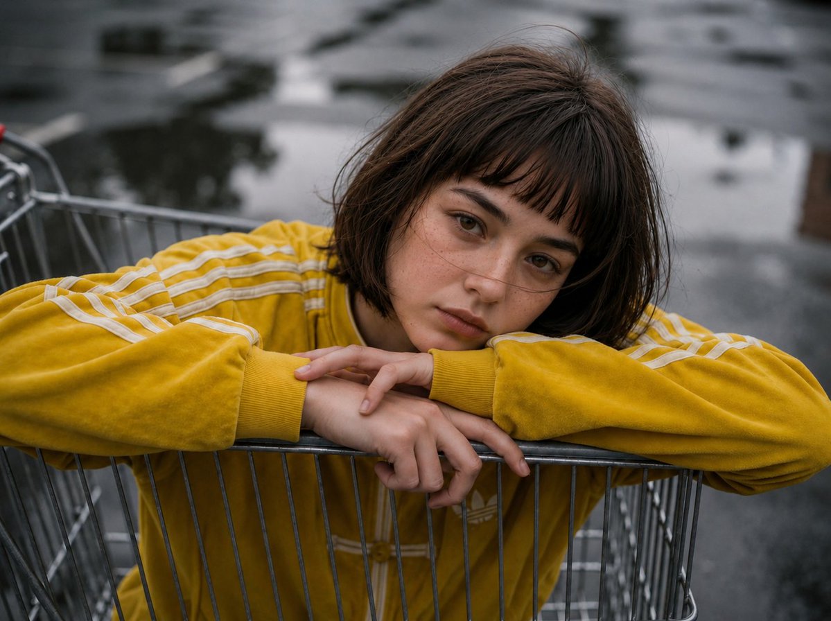 Young woman in yellow tracksuit leans on shopping cart in rain